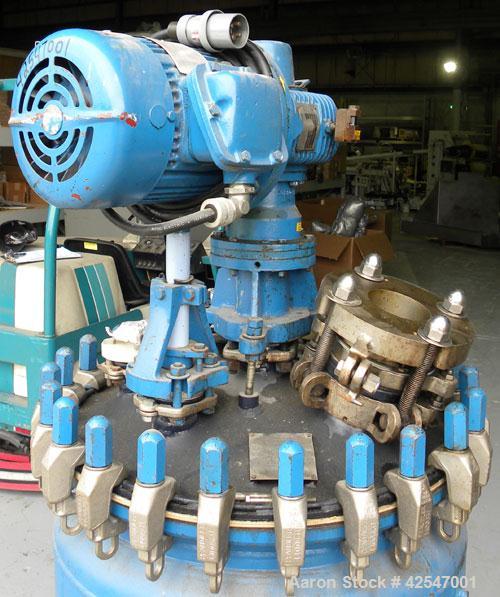Used Pfaudler Glass Lined Reactor, 50 gallon, 5015 blue glass, vertical. Approximate 26" diameter x 18" straight side, clamp dish top, dish bottom. Internal rated 25 psi/full vacuum at –20 to 450 deg...