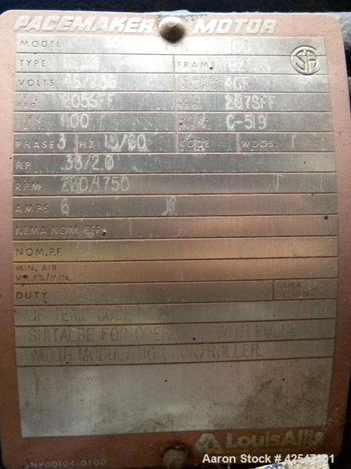 Used Pfaudler Glass Lined Reactor, 50 gallon, 5015 blue glass, vertical. Approximate 26" diameter x 18" straight side, clamp dish top, dish bottom. Internal rated 25 psi/full vacuum at –20 to 450 deg...
