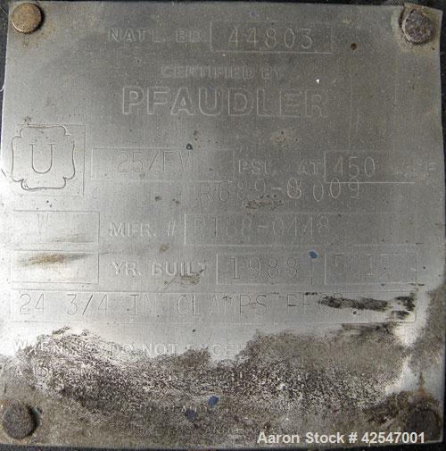 Used Pfaudler Glass Lined Reactor, 50 gallon, 5015 blue glass, vertical. Approximate 26" diameter x 18" straight side, clamp dish top, dish bottom. Internal rated 25 psi/full vacuum at –20 to 450 deg...