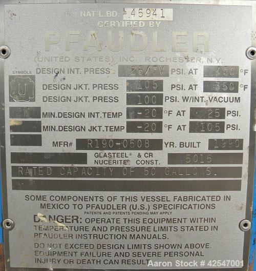 Used Pfaudler Glass Lined Reactor, 50 gallon, 5015 blue glass, vertical. Approximate 26" diameter x 18" straight side, clamp dish top, dish bottom. Internal rated 25 psi/full vacuum at –20 to 450 deg...