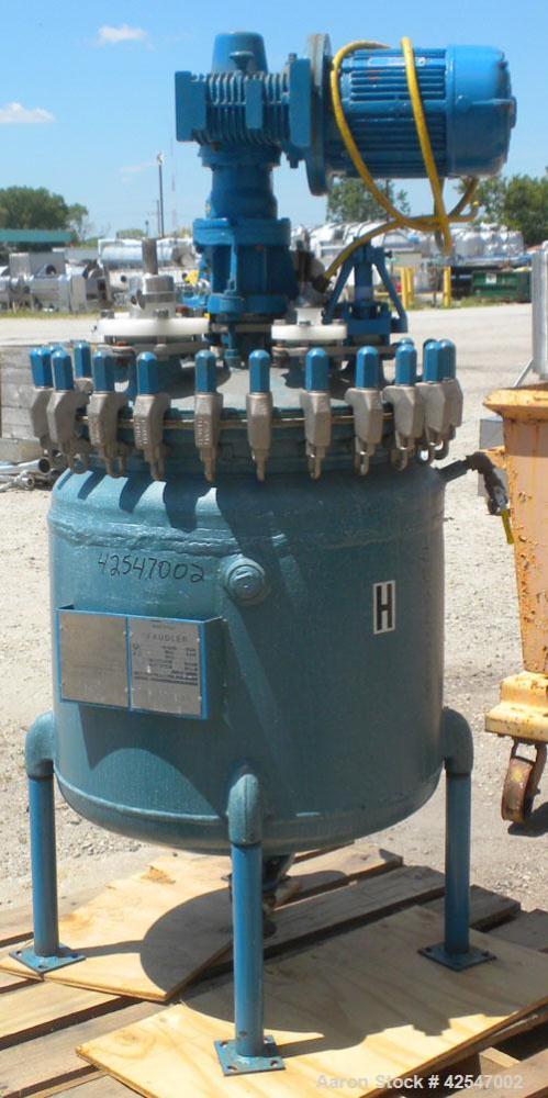 Used Pfaudler Glass Lined Reactor, 50 gallon, 5015 blue glass, vertical. Approximate 26" diameter x 18" straight side, Clamp dish top, dish bottom. Internal rated 25 psi/full vacuum at 450 deg F, car...
