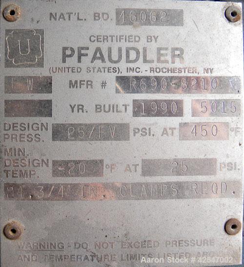 Used Pfaudler Glass Lined Reactor, 50 gallon, 5015 blue glass, vertical. Approximate 26" diameter x 18" straight side, Clamp dish top, dish bottom. Internal rated 25 psi/full vacuum at 450 deg F, car...