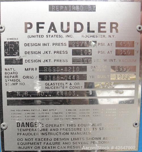 Used Pfaudler Glass Lined Reactor, 50 gallon, 5015 blue glass, vertical. Approximate 26" diameter x 18" straight side, Clamp dish top, dish bottom. Internal rated 25 psi/full vacuum at 450 deg F, car...