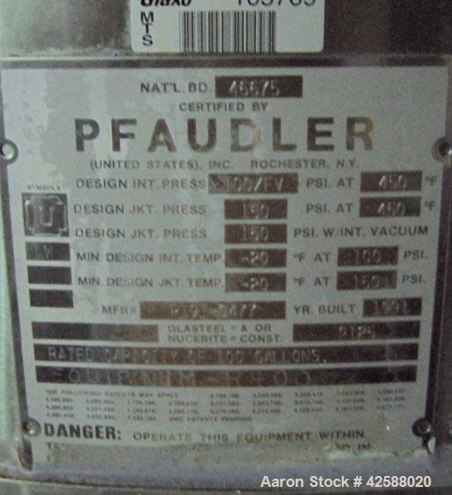 Used Pfaudler Glass Lined Reactor, 100 gallon, model E32-100-100-150. 32" Diameter x 24" straight side. 2:1 Elliptical bolt on head, 2:1 elliptical bottom. Internal rated 100 psi/FV at -20 to 450 deg...