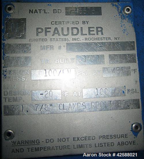 Used Pfaudler Glass Lined Reactor, 100 gallon, model E32-100-100-150. 32" Diameter x 24" straight side. 2:1 Elliptical bolt on head, 2:1 elliptical bottom. Internal rated 100 psi/FV at -20 to 450 deg...