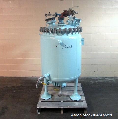 Used Pfaudler Glass Lined Reactor, 100 Gallon, 3315 Glass. Removable dome top, dish bottom. Internal rated 25 psi & Full Vacuum at 650 degrees F. Jacket rated 75 psi at 350 degrees F. Mounted on legs...