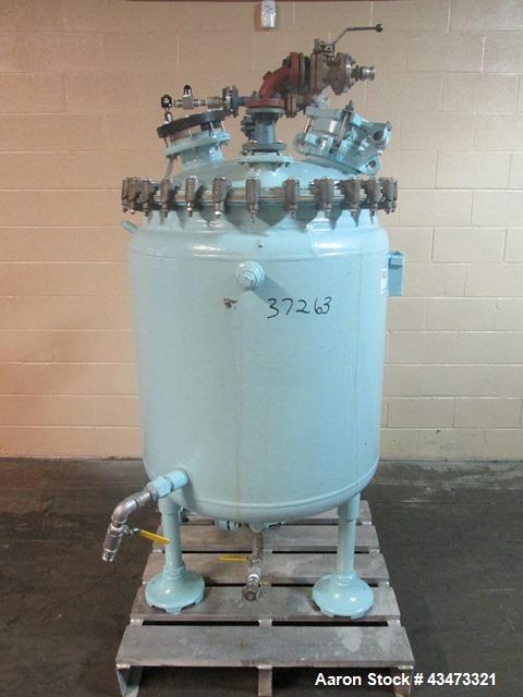 Used Pfaudler Glass Lined Reactor, 100 Gallon, 3315 Glass. Removable dome top, dish bottom. Internal rated 25 psi & Full Vacuum at 650 degrees F. Jacket rated 75 psi at 350 degrees F. Mounted on legs...