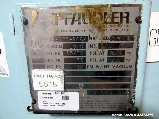 Used Pfaudler Glass Lined Reactor, 100 Gallon, 3315 Glass. Removable dome top, dish bottom. Internal rated 25 psi & Full Vacuum at 650 degrees F. Jacket rated 75 psi at 350 degrees F. Mounted on legs...