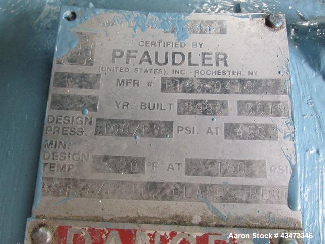 Used Pfaudler Glass Lined Reactor, 100 Gallon, 5019 Glass. Internal rated 100 psi & Full Vacuum at 450 degrees F. Jacket rated 90 psi at 350 degrees F. 2.5 DTW Pfaulder agitator drive with mechanical...