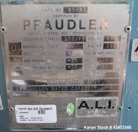 Used Pfaudler Glass Lined Reactor, 100 Gallon, 5019 Glass. Internal rated 100 psi & Full Vacuum at 450 degrees F. Jacket rated 90 psi at 350 degrees F. 2.5 DTW Pfaulder agitator drive with mechanical...