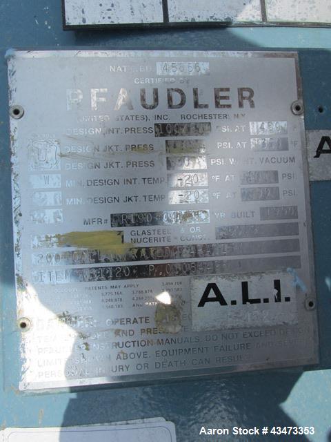 Used Pfaudler Glass Lined Reactor, 200 Gallon, 5019 Glass. Internal rated 100 psi & Full Vacuum at 450 degrees F. Jacket rated 90 psi at 350 degrees F. 4 DTW Pfaudler agitator drive with mechanical s...