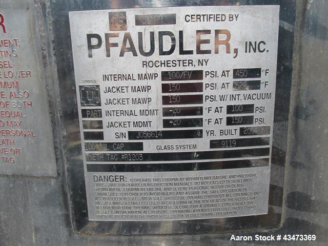 Used Pfaudler Glass Lined Reactor, 100 Gallon. Internal rated 150 psi & Full Vacuum at 450 degrees F, vessel top rated 100 psi & Full Vacuum at 450 degrees F. Jacket rated 150 psi at 520 degrees F. 2...