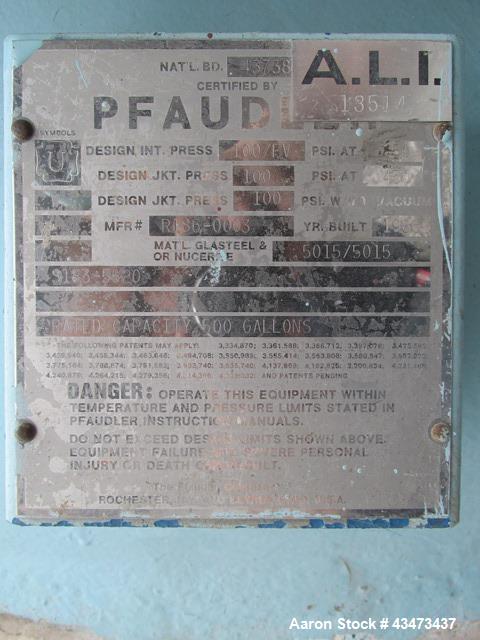 Pfaudler Glass Lined Reactor, 500 Gallon. Internal rated 100 psi & Full Vacuum at 450 degrees F. Jacket rated 100 psi at 450...