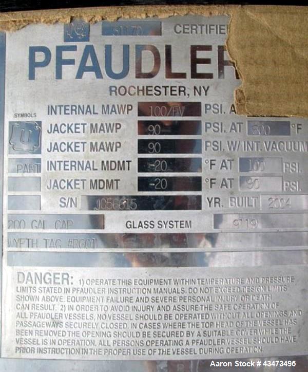 Used Pfaudler Glass Lined Reactor, 200 Gallon, 9119 Glass, Vertical. Internal rated 100 psi & Full Vacuum at 450 degrees F. Jacket rated 90 psi at 500 degrees F. 3 DTW Pfaudler agitator drive with me...