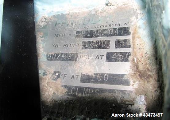 Used Pfaudler Glass Lined Reactor, 50 Gallon, 5019 Glass. Internal rated 100 psi & Full Vacuum at 450 degrees F. Jacket rated 150 psi at 520 degrees F. 2.5 DTW Pfaudler agitator drive with mechanical...