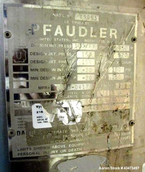 Used Pfaudler Glass Lined Reactor, 50 Gallon, 5019 Glass. Internal rated 100 psi & Full Vacuum at 450 degrees F. Jacket rated 150 psi at 520 degrees F. 2.5 DTW Pfaudler agitator drive with mechanical...