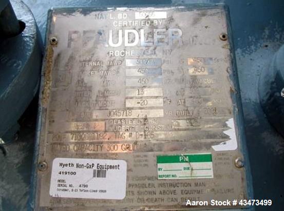 Used Pfaudler Glass Lined Reactor, 300 Gallon, 9125 Glass, Vertical.