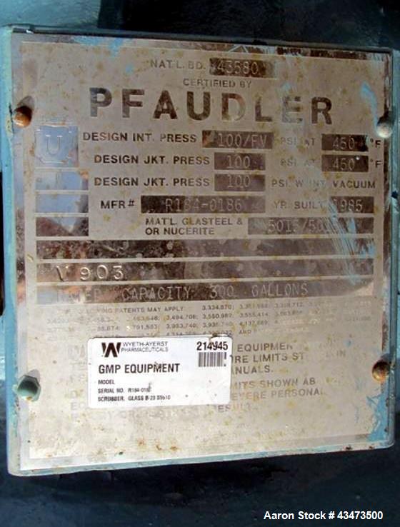 Used Pfaudler Glass Lined Reactor, 300 Gallon, 5015 Glass, Vertical. Internal rated 100 psi & Full Vacuum at 450 degrees F. Jacket rated 100 psi at 450 degrees F. 4 DTW Pfaudler agitator drive with m...