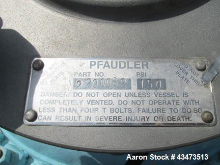 Used Pfaudler Glass Lined Reactor, 100 Gallon, 9115 Glass. Internal rated 150 psi & Full Vacuum at 450 degrees F. Jacket rated 90 psi at 450 degrees F. 5hp DTW Pfuadler agitator drive with mechanical...