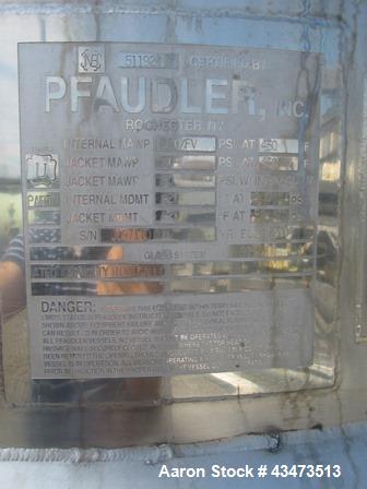 Used Pfaudler Glass Lined Reactor, 100 Gallon, 9115 Glass. Internal rated 150 psi & Full Vacuum at 450 degrees F. Jacket rated 90 psi at 450 degrees F. 5hp DTW Pfuadler agitator drive with mechanical...