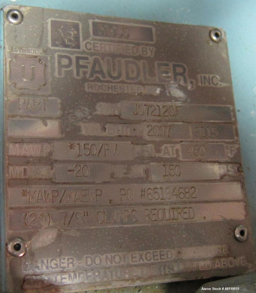 Used Pfaudler Glass Lined Reactor, 50 Gallon. Internal rated 150 psi & Full Vacuum at 450 degrees F, jacket rated 125 psi & Full Vacuum at 450 degrees F.  Type 9115 Dark Blue Glass.  Bolted dished to...