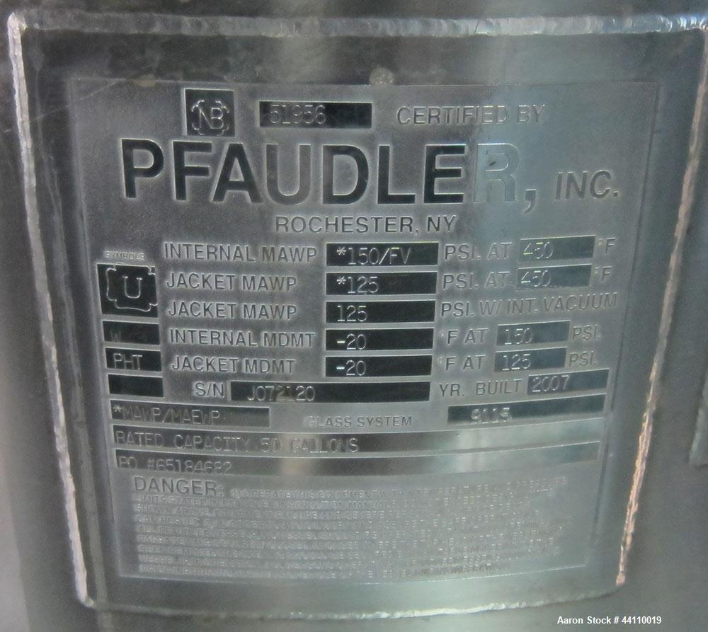 Used Pfaudler Glass Lined Reactor, 50 Gallon. Internal rated 150 psi & Full Vacuum at 450 degrees F, jacket rated 125 psi & Full Vacuum at 450 degrees F.  Type 9115 Dark Blue Glass.  Bolted dished to...