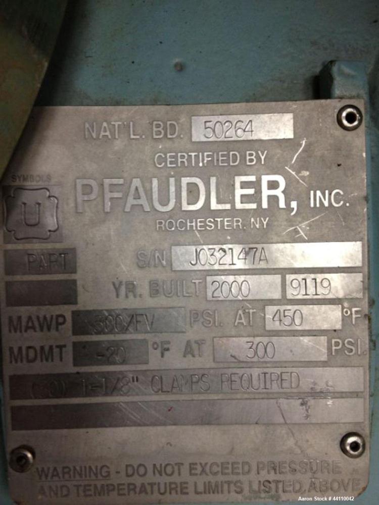 Used Pfaudler Glass Lined Reactor, 100 Gallon. Internal rated 300 psi & Full Vacuum at 450 degrees F, jacket rated 150 psi & Full Vacuum at 450 degrees F.  Type 9119 Dark Blue Glass.  Clamped top. 31...