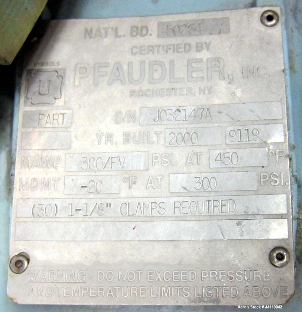 Used Pfaudler Glass Lined Reactor, 100 Gallon. Internal rated 300 psi & Full Vacuum at 450 degrees F, jacket rated 150 psi & Full Vacuum at 450 degrees F.  Type 9119 Dark Blue Glass.  Clamped top. 31...