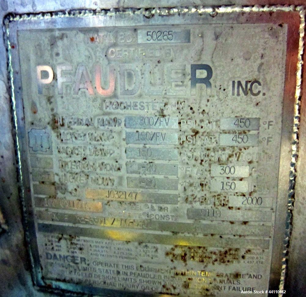Used Pfaudler Glass Lined Reactor, 100 Gallon. Internal rated 300 psi & Full Vacuum at 450 degrees F, jacket rated 150 psi & Full Vacuum at 450 degrees F.  Type 9119 Dark Blue Glass.  Clamped top. 31...