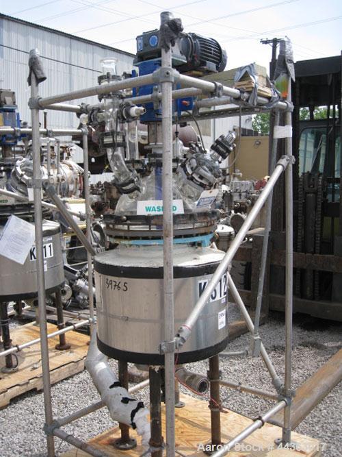 Used Pfaudler Glass Lined Kilo Reactor, 10 gallon glass lined body approximately 18" diameter x 12" straight side, dish bottom, QVF borosilicate glass top, rated 25 psi at 450 F internal, jacketed fo...