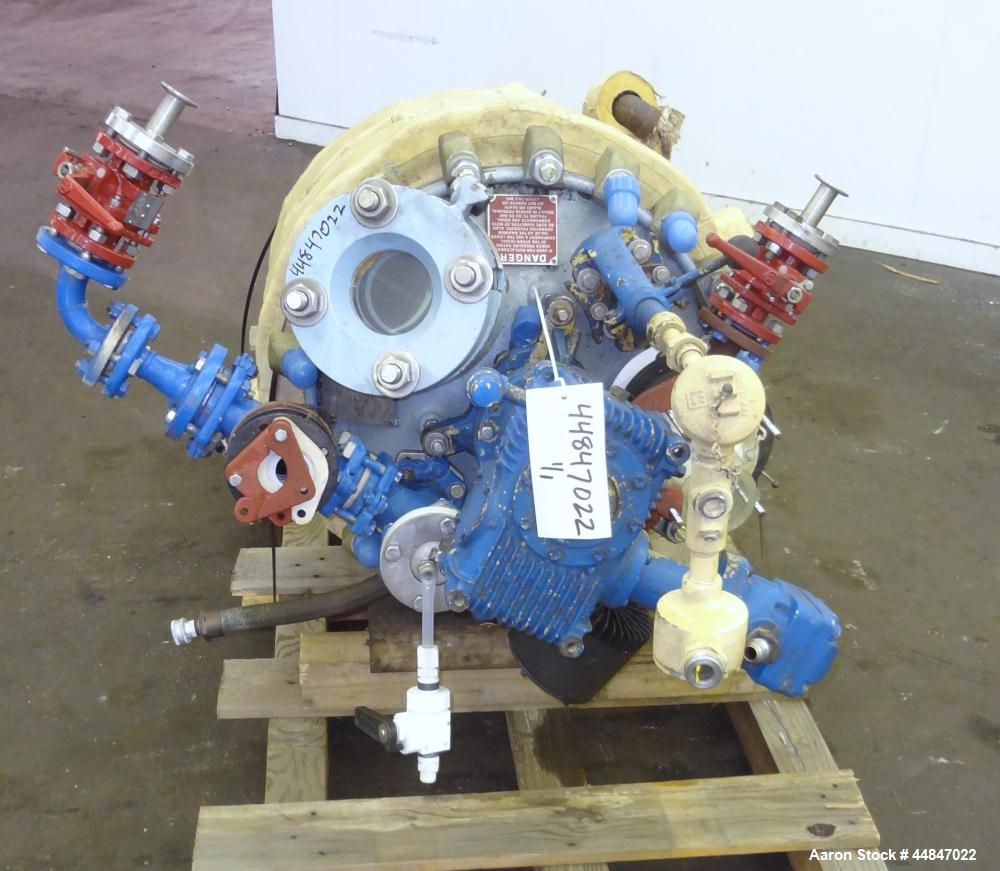 Used Pfaudler Clamp Top Glass Lined Reactor, 20 Gallon, 9115 Blue Glass, Vertical.  Approximately 20" diameter x 14-1/2" straight side, dished clamp top, dish bottom.  Internal rated 150/full vacuum ...