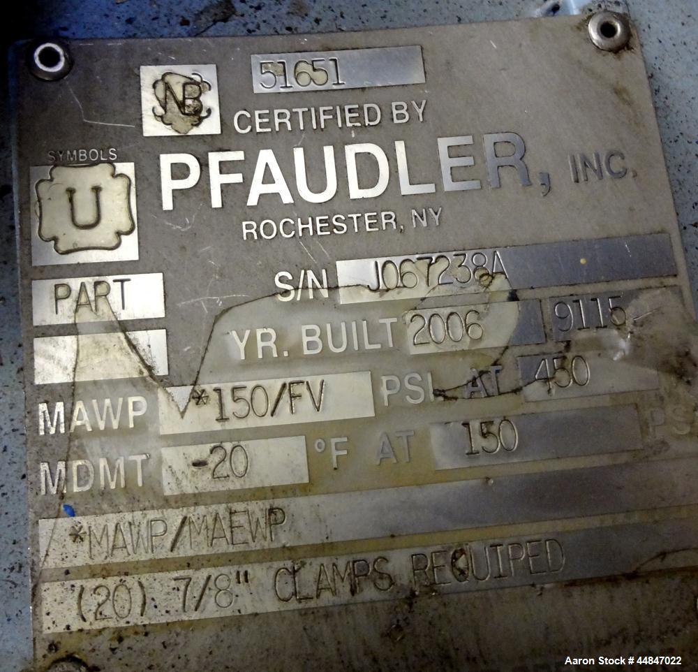 Used Pfaudler Clamp Top Glass Lined Reactor, 20 Gallon, 9115 Blue Glass, Vertical.  Approximately 20" diameter x 14-1/2" straight side, dished clamp top, dish bottom.  Internal rated 150/full vacuum ...