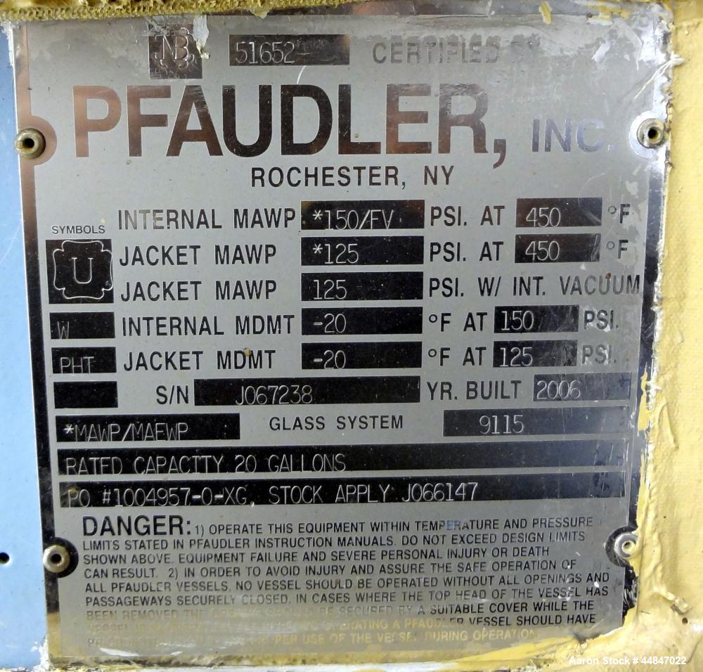 Used Pfaudler Clamp Top Glass Lined Reactor, 20 Gallon, 9115 Blue Glass, Vertical.  Approximately 20" diameter x 14-1/2" straight side, dished clamp top, dish bottom.  Internal rated 150/full vacuum ...