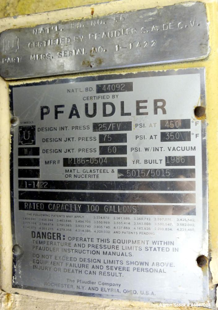 Used 100 Gallon Pfaudler Clamp Top Glass Lined Reactor 