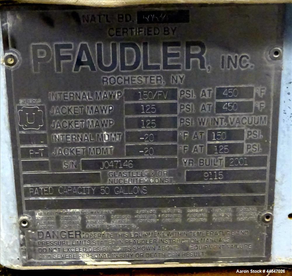 Used Pfaudler Clamp Top Glass Lined Reactor, 50 Gallons