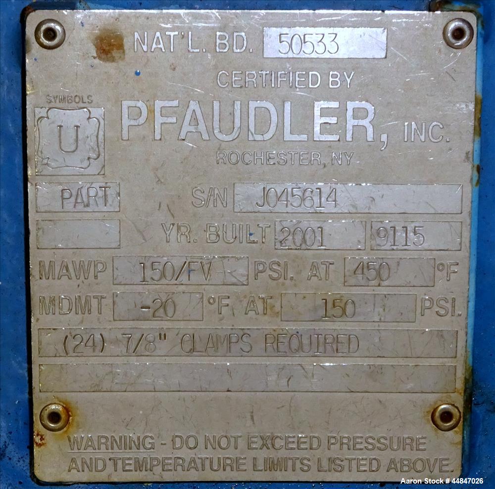 Used- Pfaudler Clamp Top Glass Lined Reactor, 50 Gallons