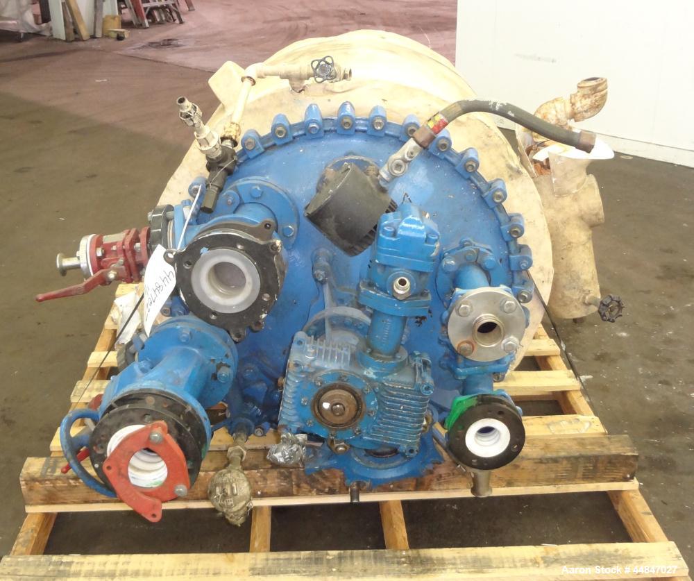 Used Pfaudler Clamp Top Glass Lined Reactor, 100 Gallon, 9119 Blue Glass, Vertical.  Approximately 30" diameter x 36" straight side, dished clamp top, dish bottom.  Internal rated 25/full vacuum psi ...
