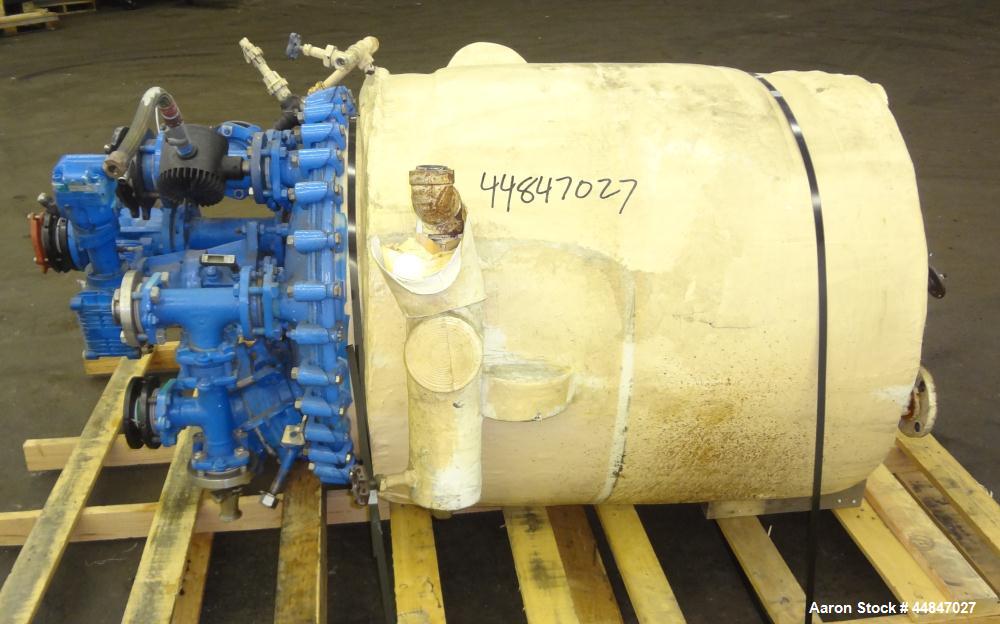 Used Pfaudler Clamp Top Glass Lined Reactor, 100 Gallon, 9119 Blue Glass, Vertical.  Approximately 30" diameter x 36" straight side, dished clamp top, dish bottom.  Internal rated 25/full vacuum psi ...