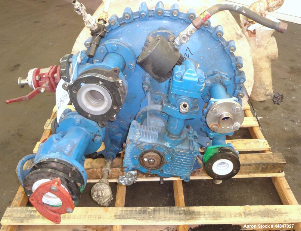 Used Pfaudler Clamp Top Glass Lined Reactor, 100 Gallon, 9119 Blue Glass, Vertical.  Approximately 30" diameter x 36" straight side, dished clamp top, dish bottom.  Internal rated 25/full vacuum psi ...