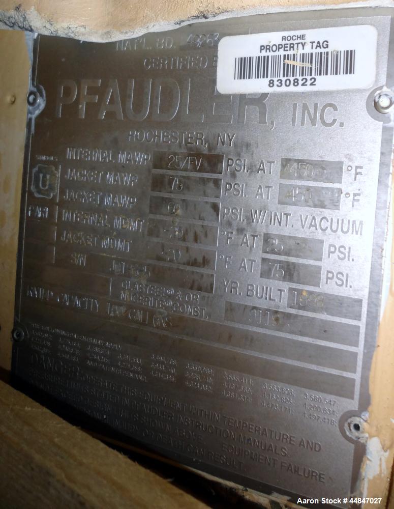 Used Pfaudler Clamp Top Glass Lined Reactor, 100 Gallon, 9119 Blue Glass, Vertical.  Approximately 30" diameter x 36" straight side, dished clamp top, dish bottom.  Internal rated 25/full vacuum psi ...