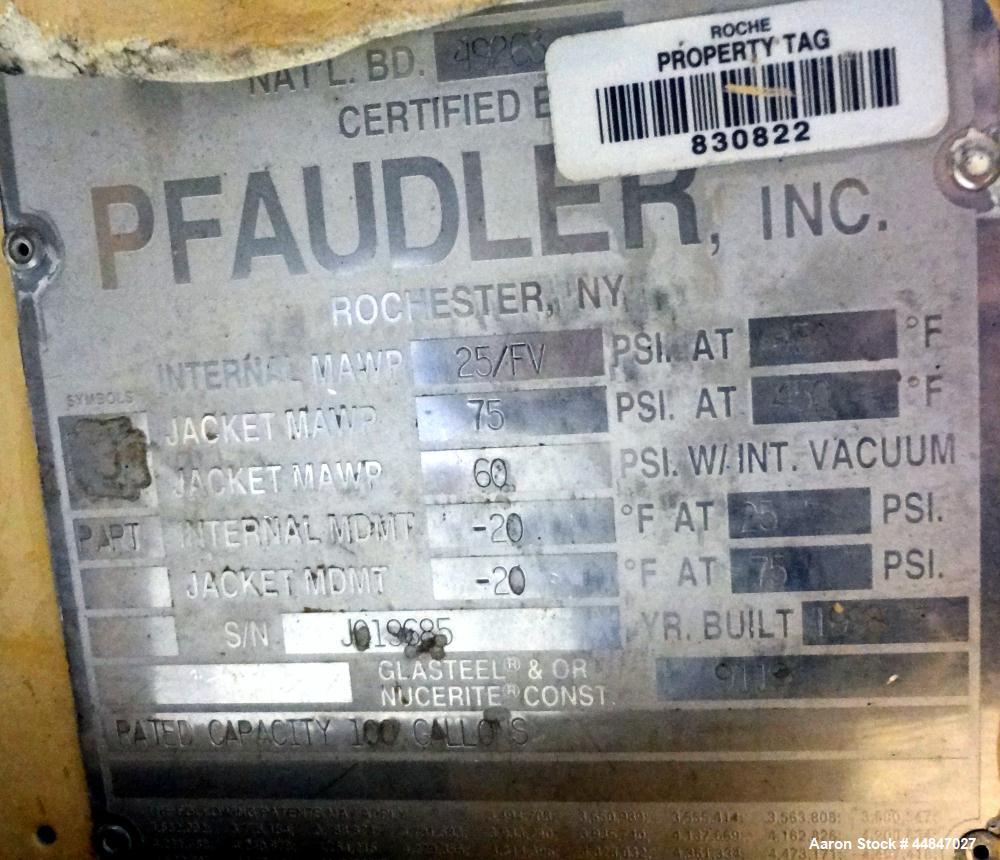 Used Pfaudler Clamp Top Glass Lined Reactor, 100 Gallon, 9119 Blue Glass, Vertical.  Approximately 30" diameter x 36" straight side, dished clamp top, dish bottom.  Internal rated 25/full vacuum psi ...