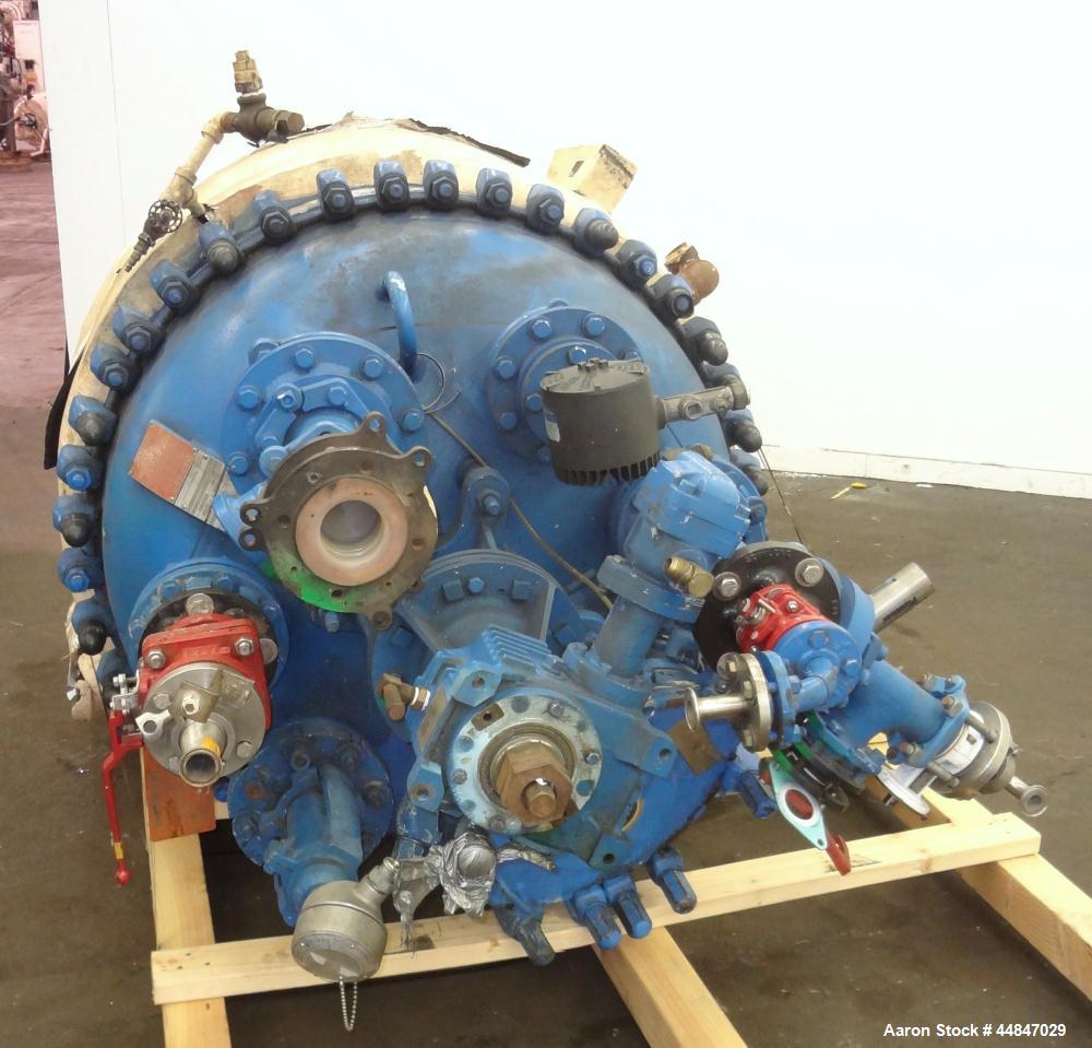 Used Pfaudler Clamp Top Glass Lined Reactor, 200 Gallons, 9115 Blue Glass, Vertical.  Approximately 40" diameter x 36" straight side, dished clamp top, dish bottom.  Internal rated 100/full vacuum ps...