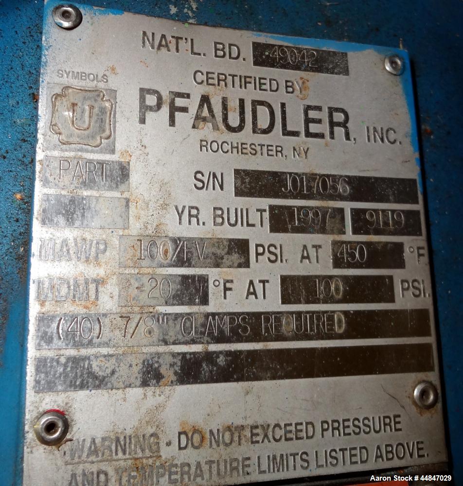 Used Pfaudler Clamp Top Glass Lined Reactor, 200 Gallons, 9115 Blue Glass, Vertical.  Approximately 40" diameter x 36" straight side, dished clamp top, dish bottom.  Internal rated 100/full vacuum ps...