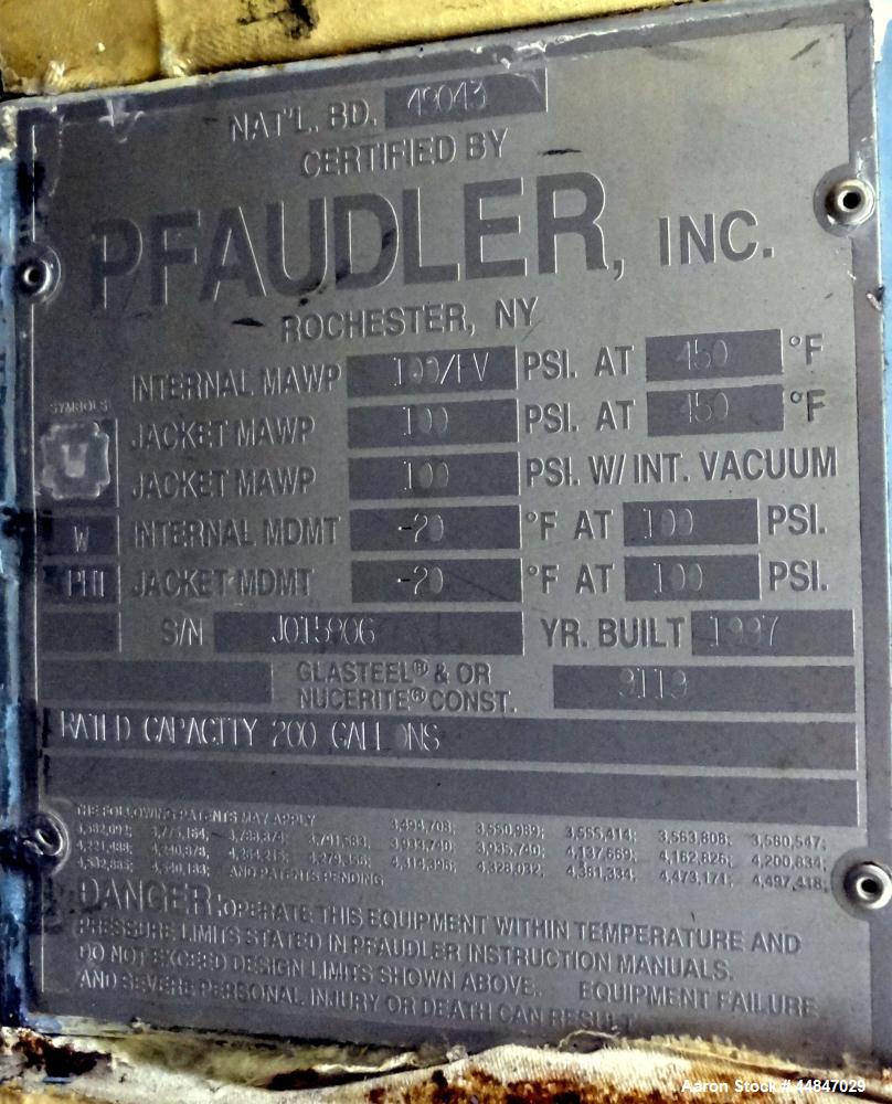 Used Pfaudler Clamp Top Glass Lined Reactor, 200 Gallons, 9115 Blue Glass, Vertical.  Approximately 40" diameter x 36" straight side, dished clamp top, dish bottom.  Internal rated 100/full vacuum ps...