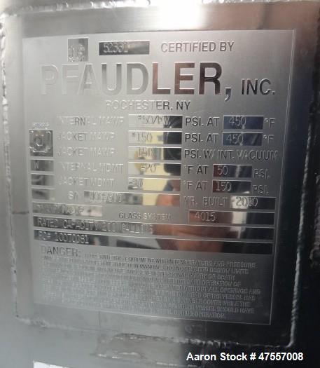 Used Pfaudler Glass-Lined Reactor, 200 Gallon, 316L Stainless Steel, Vertical.