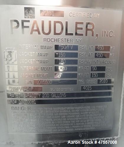 Used Pfaudler Glass-Lined Reactor, 200 Gallon, 316L Stainless Steel, Vertical.