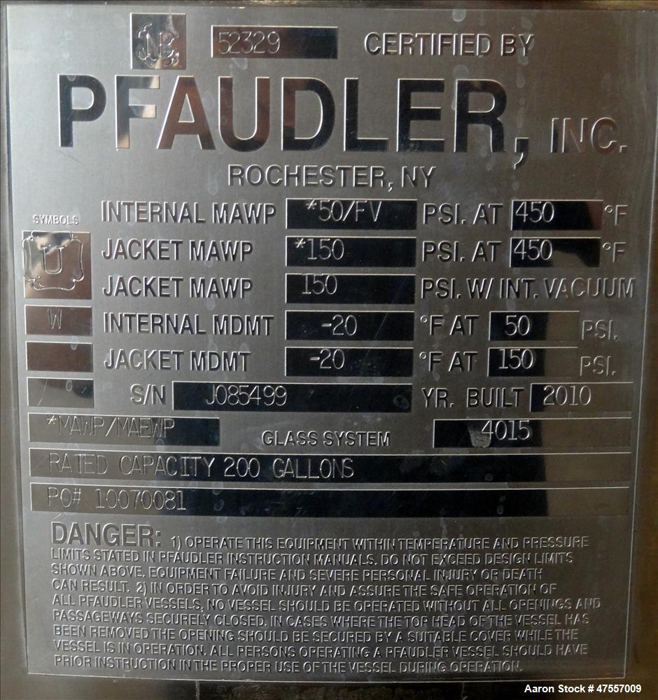 Used Pfaudler Glass-Lined Reactor, 200 Gallon, 316L Stainless Steel, Vertical.