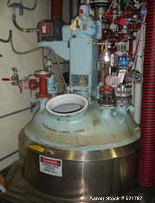 USED: 500 gallon Pfaudler glass lined reactor rated 100 psi @ 450 deg F internal, jacketed for 100 psi @ 450 deg F. 3.5 RW Pfaudleragitator drive with mechanical seal, 5 hp 460 volt XP motor, 4 blade...