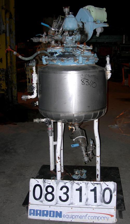 USED: Pfaudler Glass Lined Reactor, 20 gallon. 18" diameter x 18" deep, bolt-on dished top, dish bottom. Internal 35 psi, carbon steel jacket rated 100 psi. Pfaudler drive with an anchor style agitat...
