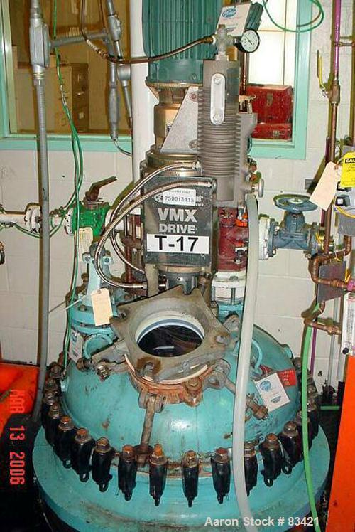 USED: Dedietrich 100 gallon glass lined reactor. Dished bolt on top, coned bottom. Internal rated 150 psi/FV at 500 deg F. Jacket rated 100 psi at 500 deg F. 3 blade retreat curve agitator with 3 hp ...
